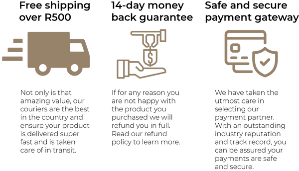 3 icons explaining why to shop with us : free shipping over R500, 14-day money back guarantee and safe and secure payment gateway