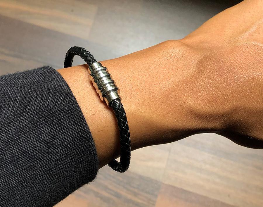 Steel & Leather Magnetic Braided Bracelet - Black - Lambence 