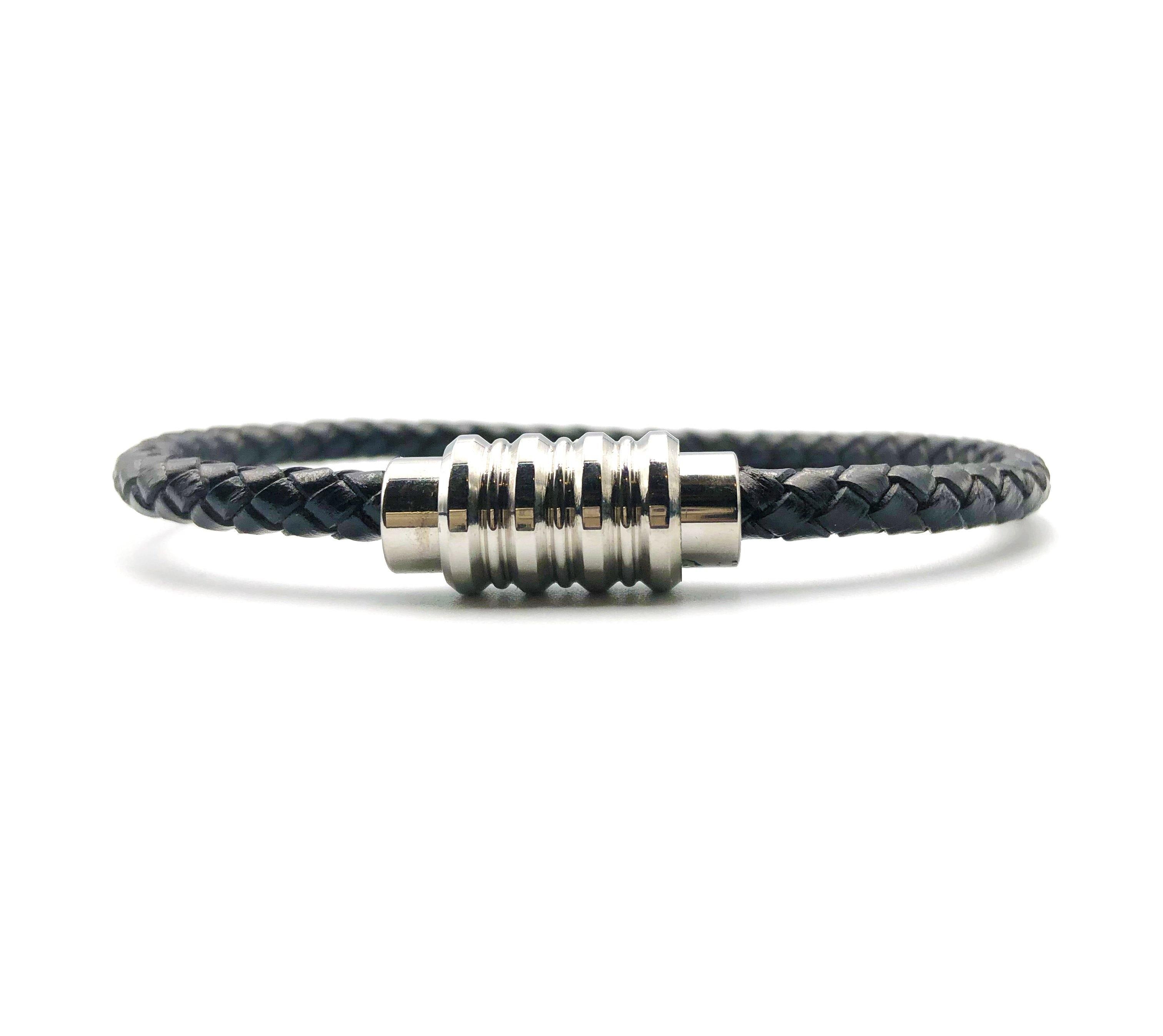 Steel & Leather Magnetic Braided Bracelet - Black - Lambence 