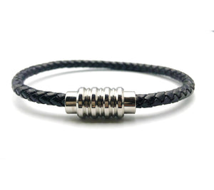 Steel & Leather Magnetic Braided Bracelet - Black - Lambence 