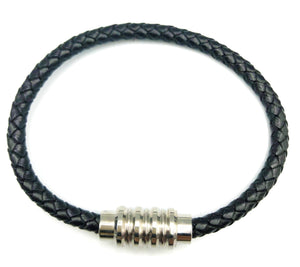 Steel & Leather Magnetic Braided Bracelet - Black - Lambence 