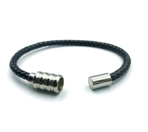Steel & Leather Magnetic Braided Bracelet - Black - Lambence 